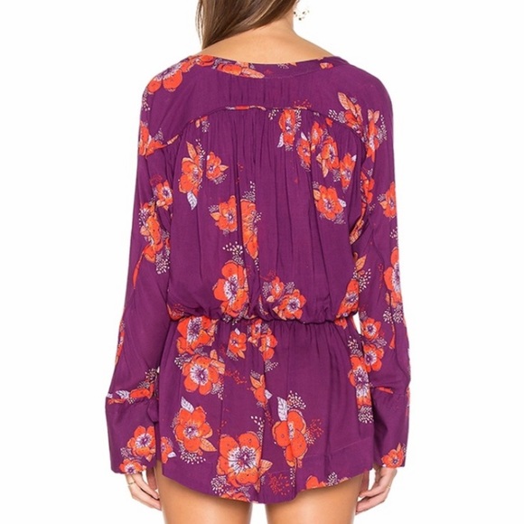 Free People Tropical Floral Print Faux Wrap Tie Sleeve Purple Peplum Blouse - Picture 9 of 15